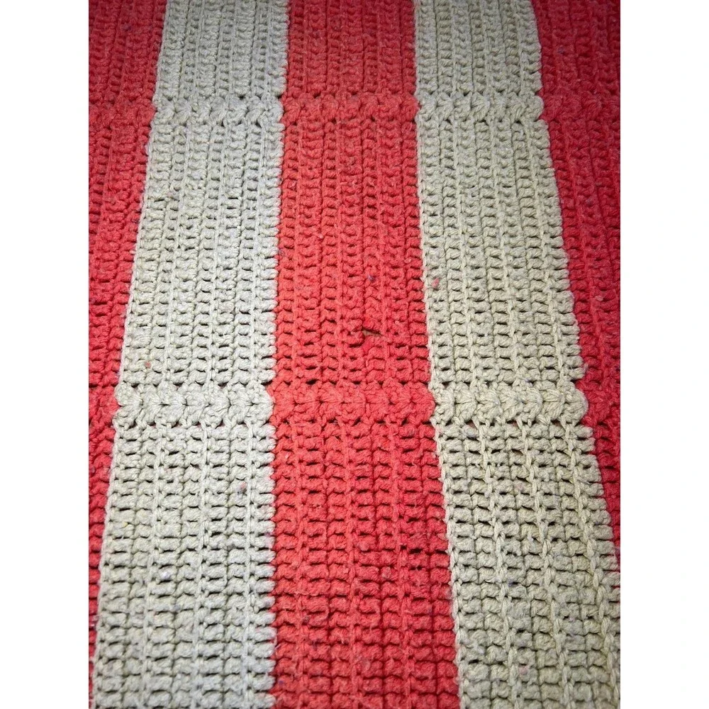 Handmade Crochet Striped Afghan Blanket Lap Throw 71x50 Coral Green Cottage
